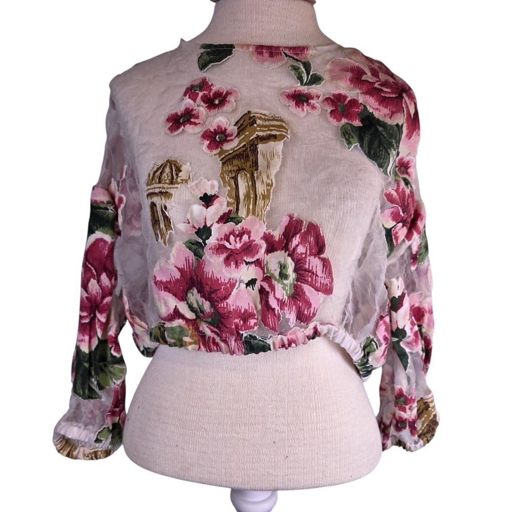 Tapestry Floral Column Cropped Blouse M Sheer Mesh Button Back Cottagecore Art